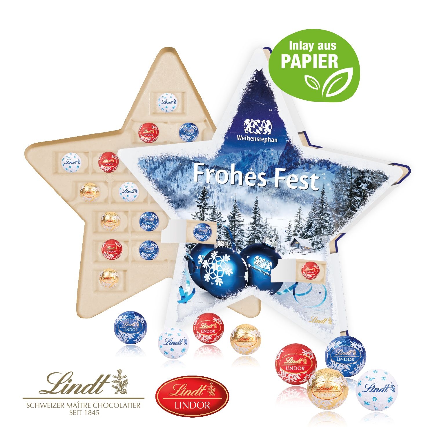CD55377-02Adventskalender _Stern_ mit Lindt Schokolade_ Inlay aus Papier_ Individuelles Motiv