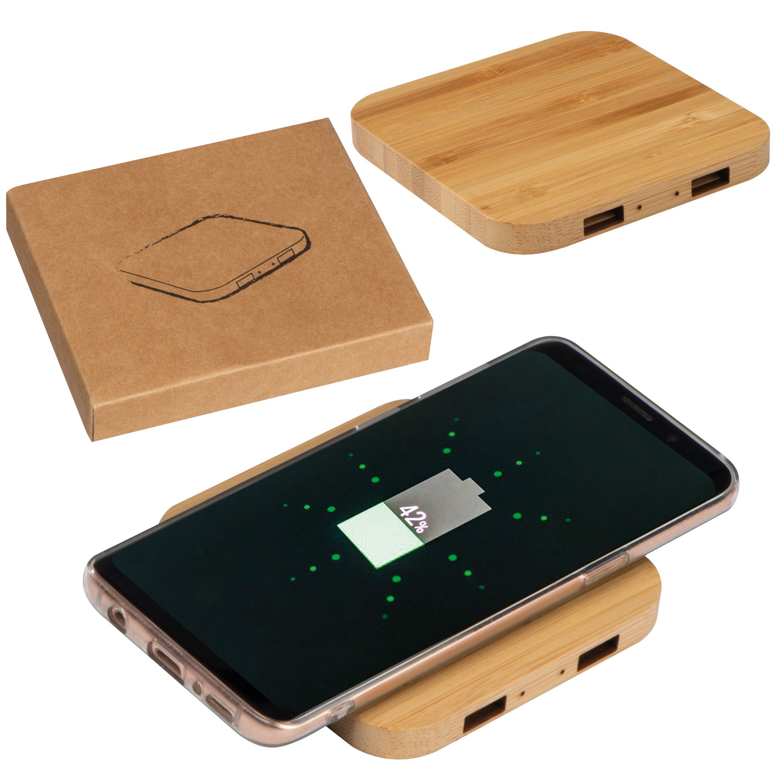 MA31455-13Wireless Charger aus Bambus mit 2 USB Hubs_ beige