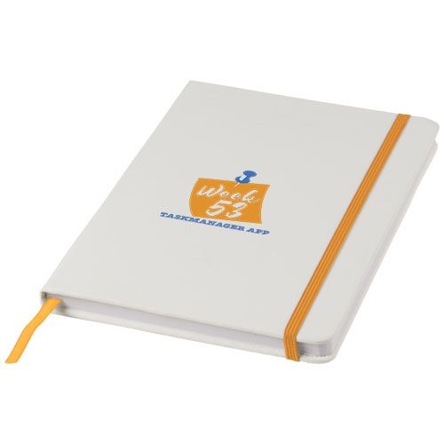 PF107135-5Spectrum weisses A5 Notizbuch mit farbigem Gummiband_ weiss_orange