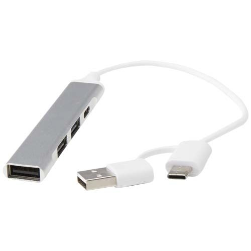 PF124469-1Alkaid 4 Port Hub aus recyceltem Aluminium mit USB-A- und Typ-C-Anschluessen und zwei Eingaengen_ silb