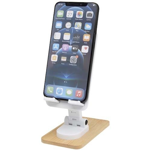 PF124464-1Alfirk Klappbare Smartphonehalterung  aus recyceltem Kunststoff mit Bambusdetails_ weiss