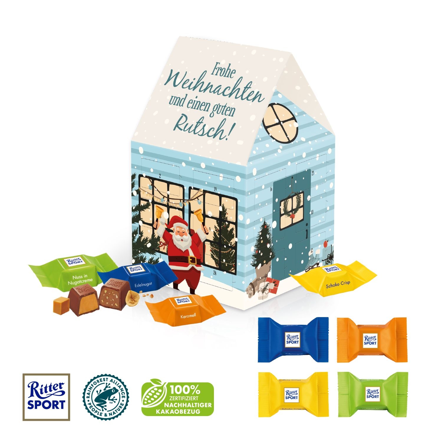 CD95187Adventskalender Haus mit Ritter SPORT Schokowuerfel