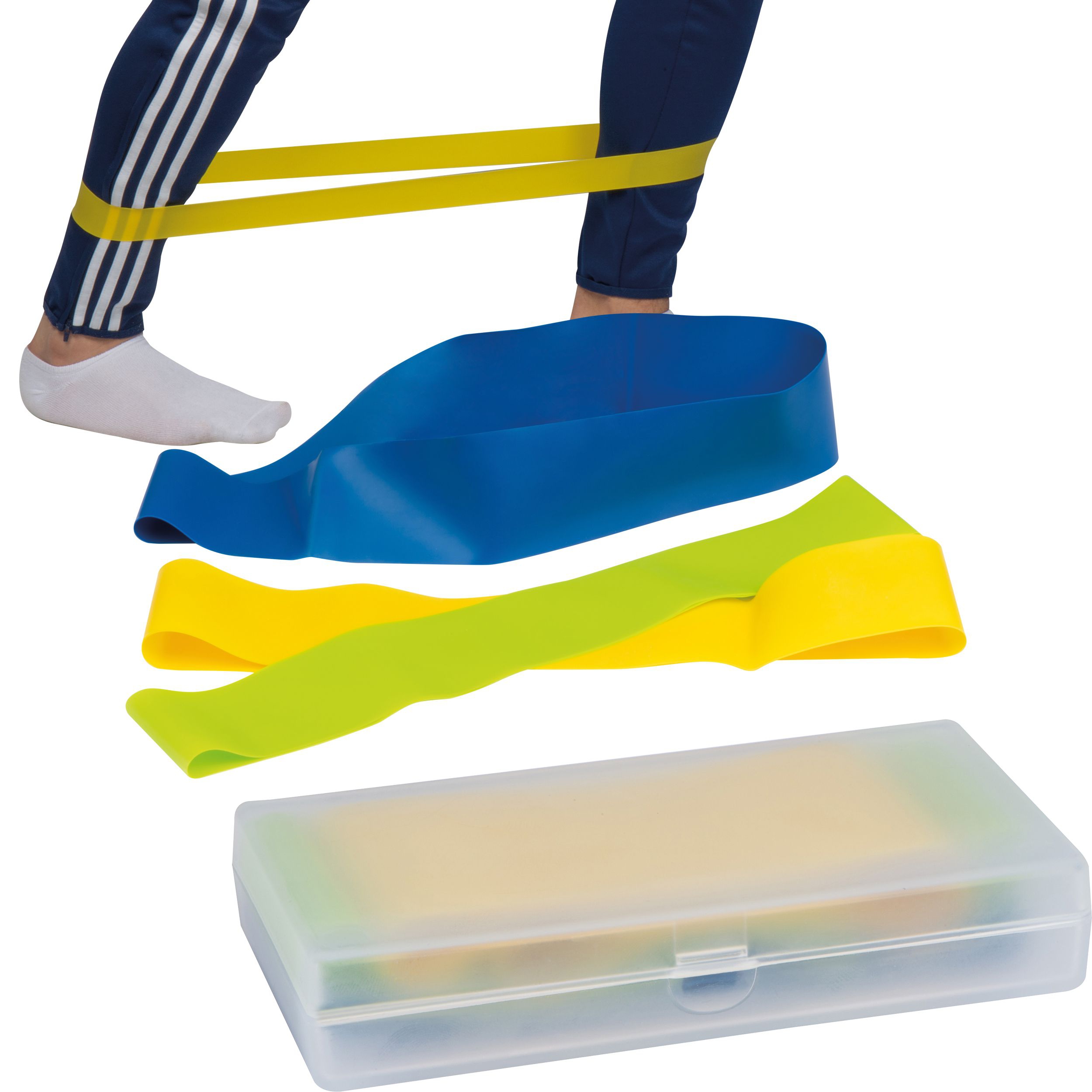 Elastische Fitnessbänder in einer Kunststoffbox, mehrfarbig