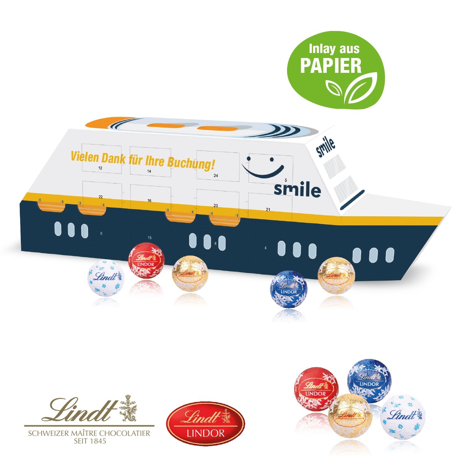 CD55445-023D Adventskalender _Schiff_ mit Lindt Schokolade mit Papier-Inlay_ Individuelles Motiv