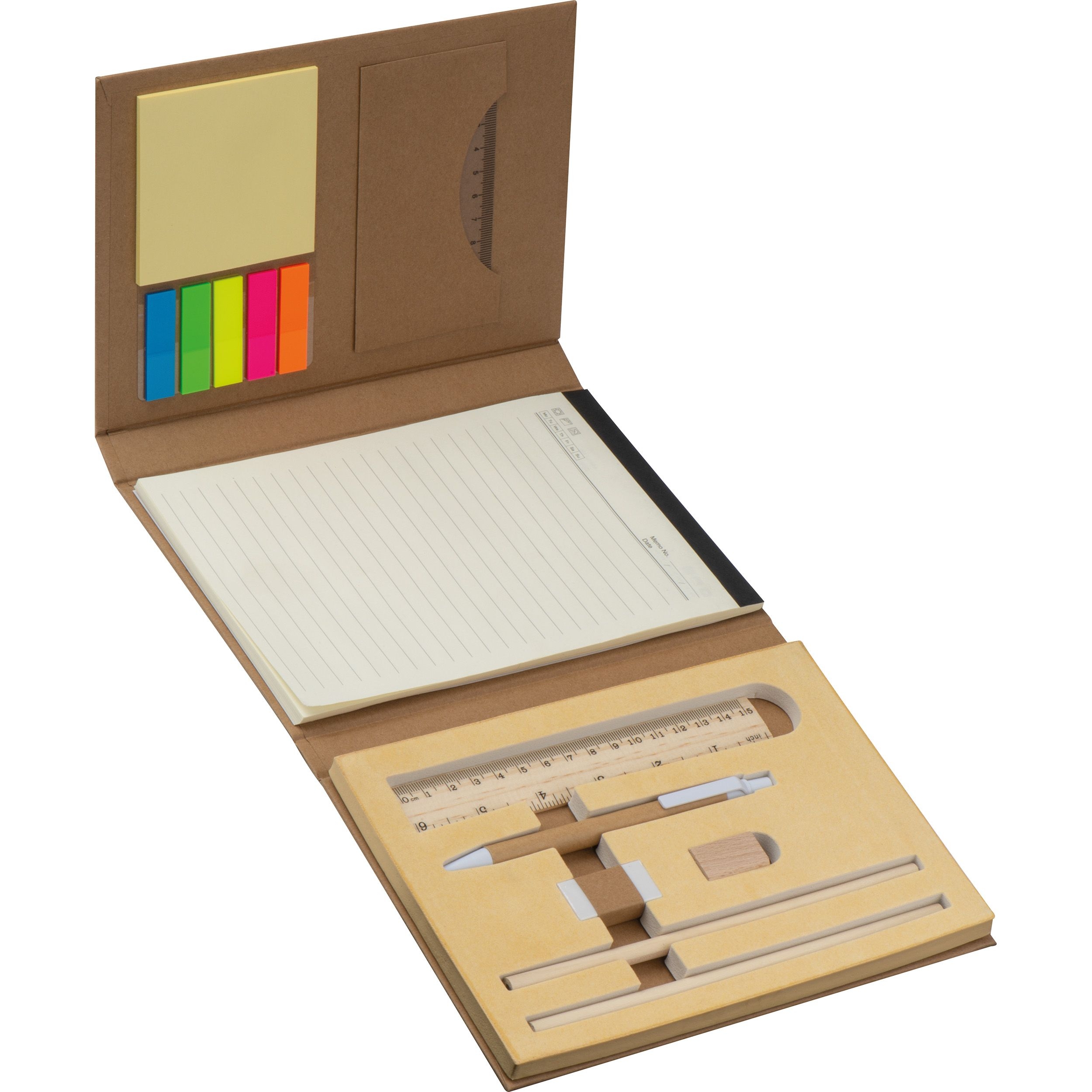 MA21194-01Schreibmappe mit Lineal_ Schreibblock und Haftmarkern_ braun
