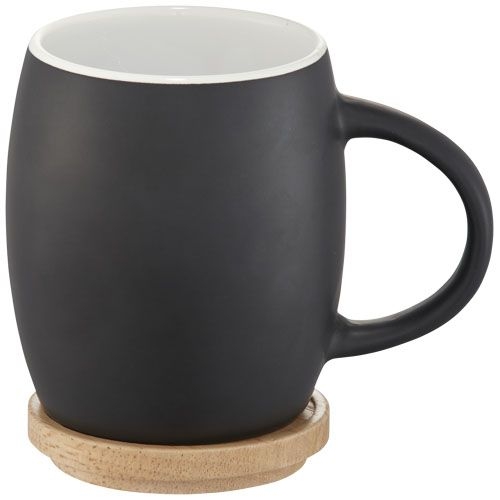 Hearth 400 ml Keramiktasse mit Holz Untersetzer, schwarz,weiß