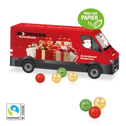CD554233D Adventskalender _Transporter_ mit Fairtrade® Schokolade mit Papier-Inlay