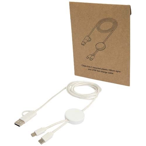 PF124428-1Citala 150 cm 5-in-1 Kabel aus recyceltem Kunststoff fuer Datenuebertragung und 27W Schnellladung_ wei