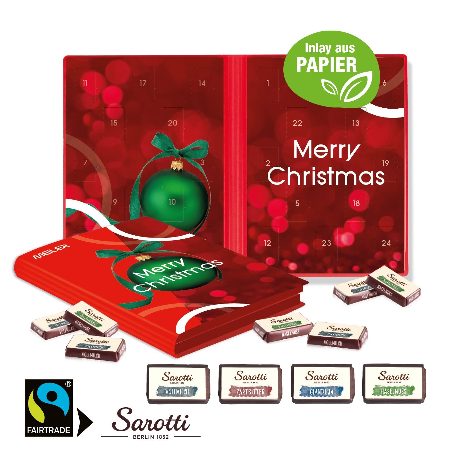 CD55434Adventskalender Weihnachtsbuch mit Sarotti Fairtrade® Schokolade_ Inlay aus Papier