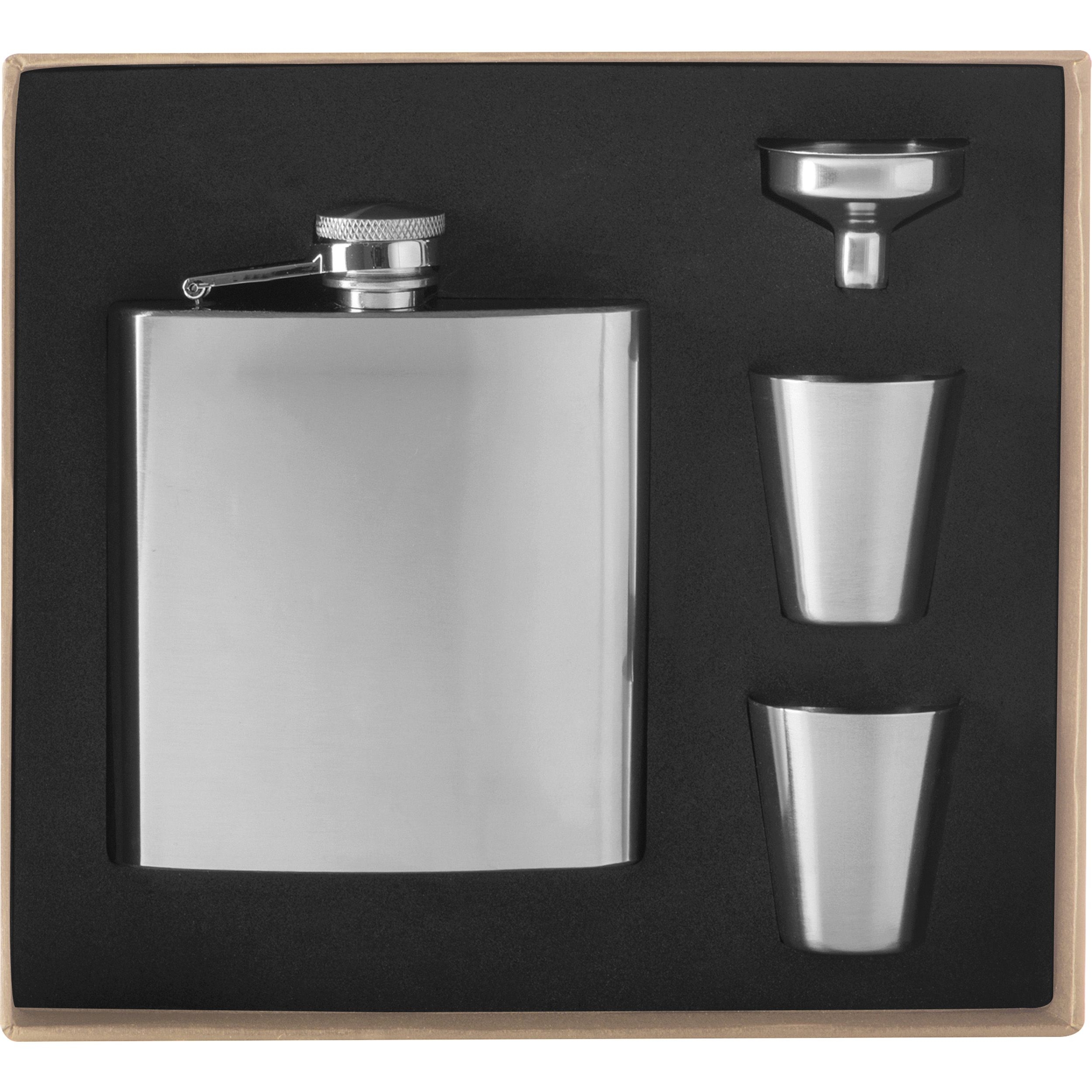 MA60168-07Flachmann Set mit 2 Pinnchen und Trichter aus Edelstahl_ silbergrau