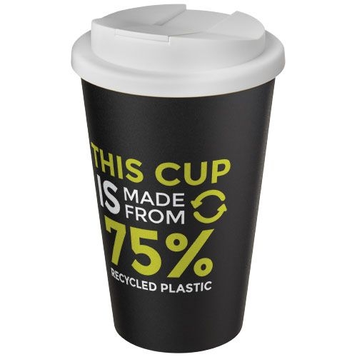 PF210425-1Americano® Eco 350 ml recycelter Becher mit auslaufsicherem Deckel_ weiss_schwarz
