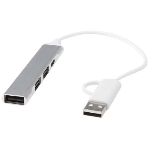 PF124469-1Alkaid 4 Port Hub aus recyceltem Aluminium mit USB-A- und Typ-C-Anschluessen und zwei Eingaengen_ silb