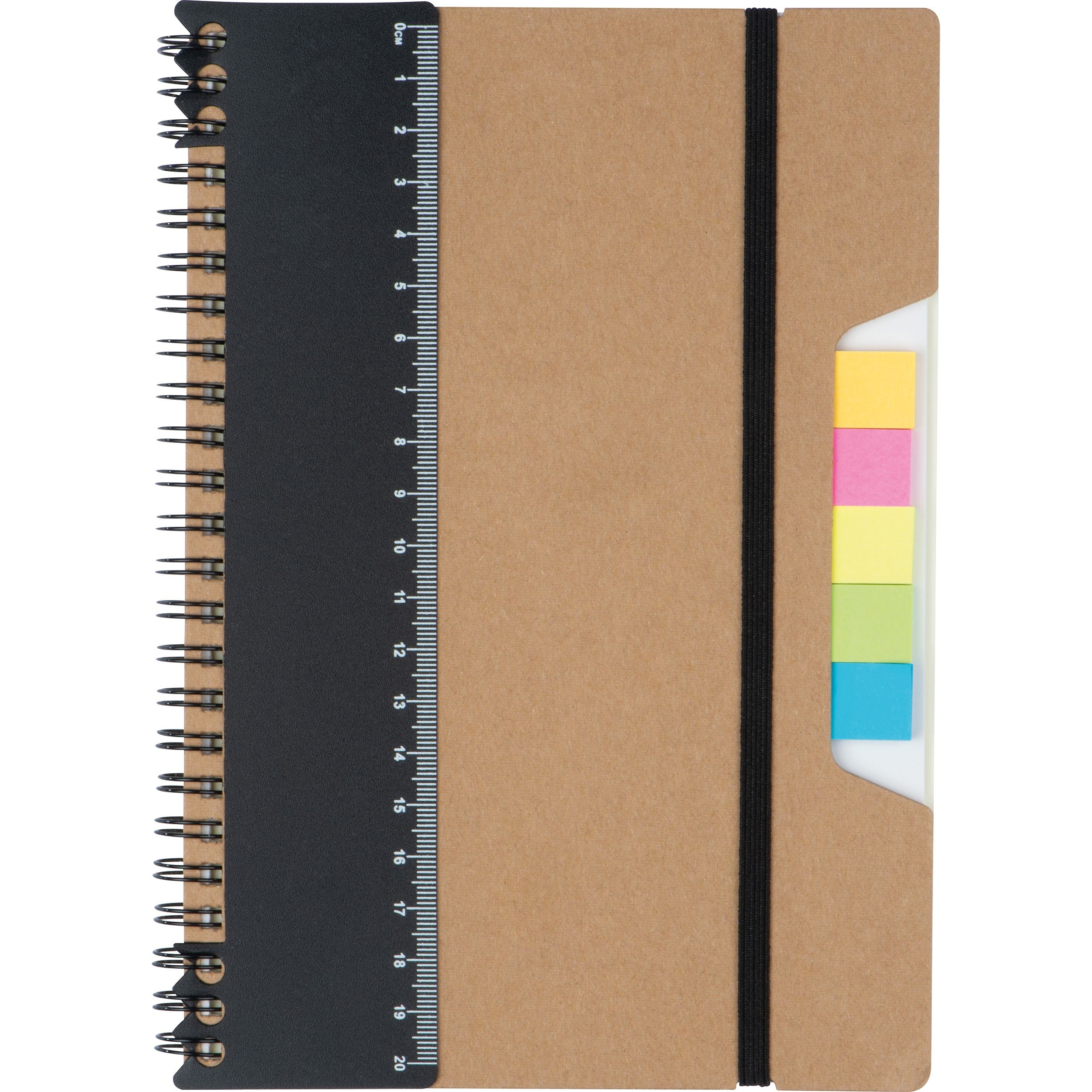 MA22387-01Notizbuch mit Haftnotizen_ Ringbuch_ Lineal und Gummiband zum Verschliessen_ braun