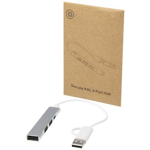PF124469-1Alkaid 4 Port Hub aus recyceltem Aluminium mit USB-A- und Typ-C-Anschluessen und zwei Eingaengen_ silb