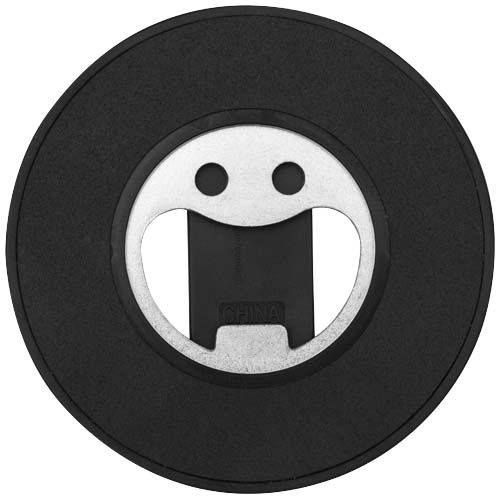 PF124461-4Ain Magnetische Smartphonehalterung  aus recyceltem Kunststoff mit Flaschenoeffner _ schwarz