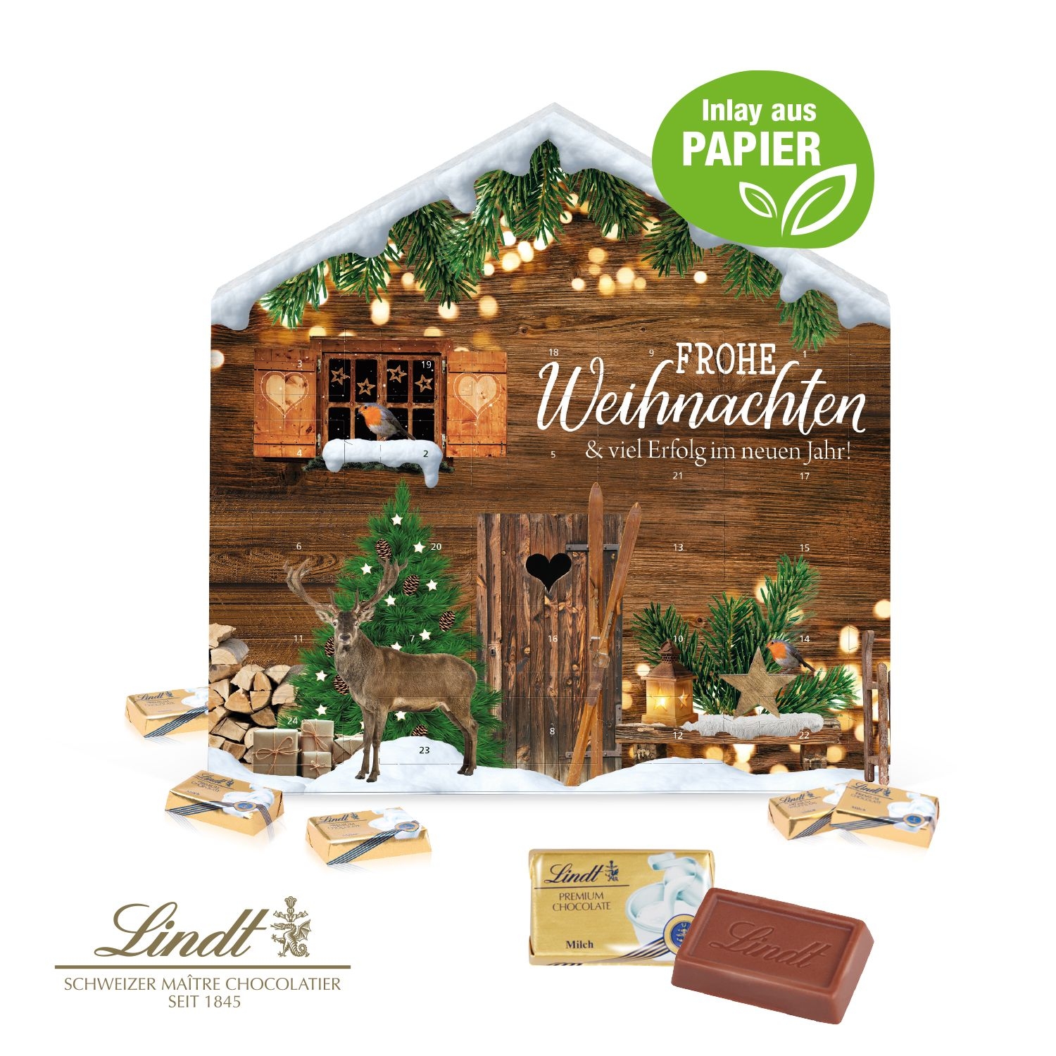 CD55412-02Adventskalender Weihnachtshaus _Exklusiv_ mit Lindt Schokolade_ Inlay aus Papier_ Individuelles Moti