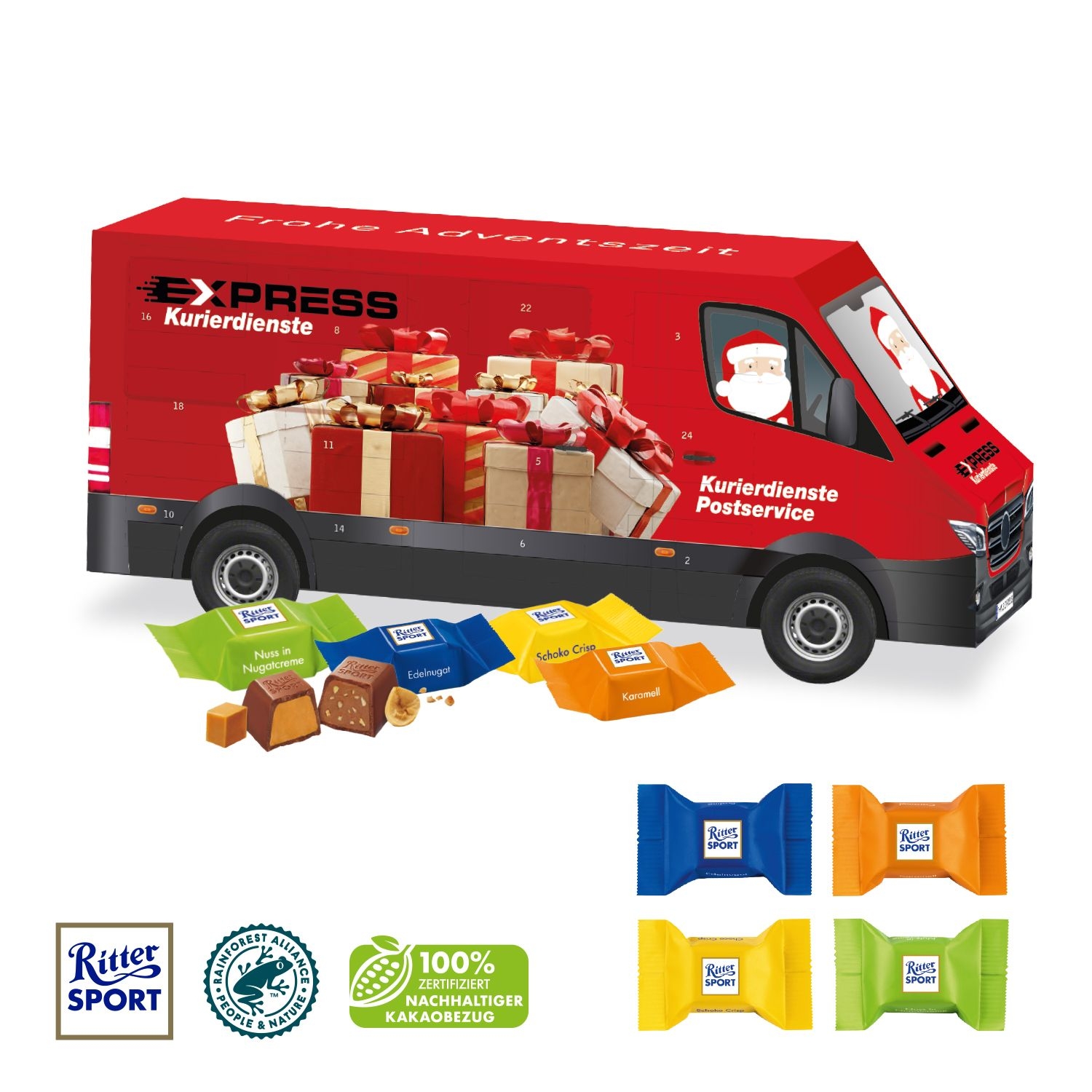 CD95153-023D Adventskalender _Transporter_ mit Ritter SPORT Schokowuerfel_ Individuelles Motiv