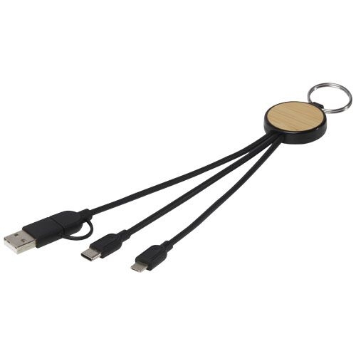 PF124325-1Tecta  6-in-1 Ladekabel mit Schluesselring aus recyceltem Kunststoff und Bambus_ schwarz