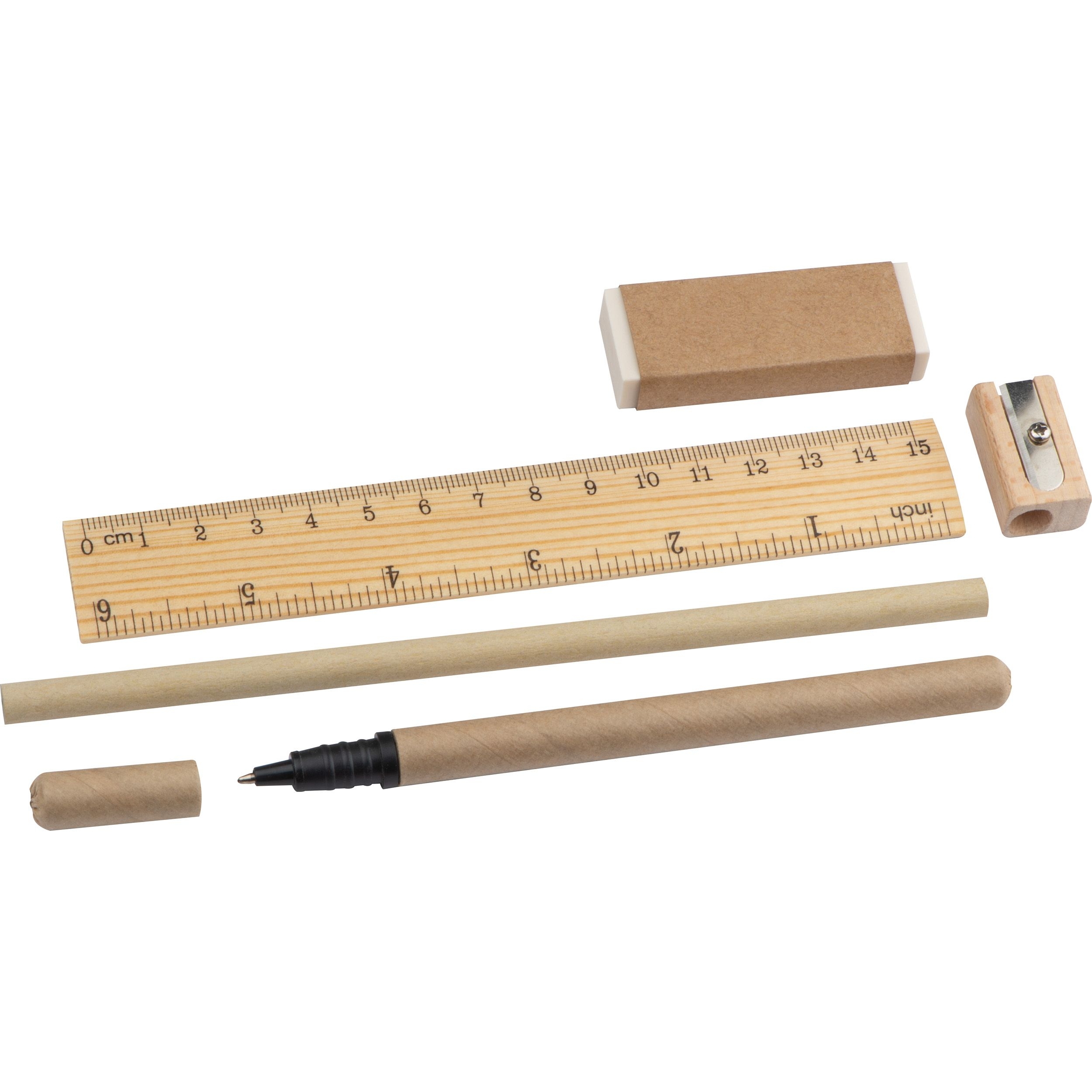 MA21558-13Schreibset mit Lineal_ Radiergummi_ Spitzer_ Bleistift und Rollerball_ beige