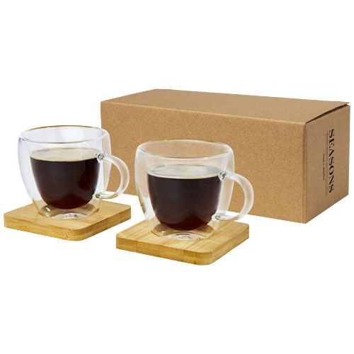 PF113314Manti 2-teiliger 100 ml doppelwandiger Glasbecher mit Bambusuntersetzer