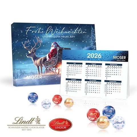 CD95391-02„2 in 1“ Marken-Adventskalender Lindt Lindor Minis mit Jahresplaner_ Individuelles Motiv