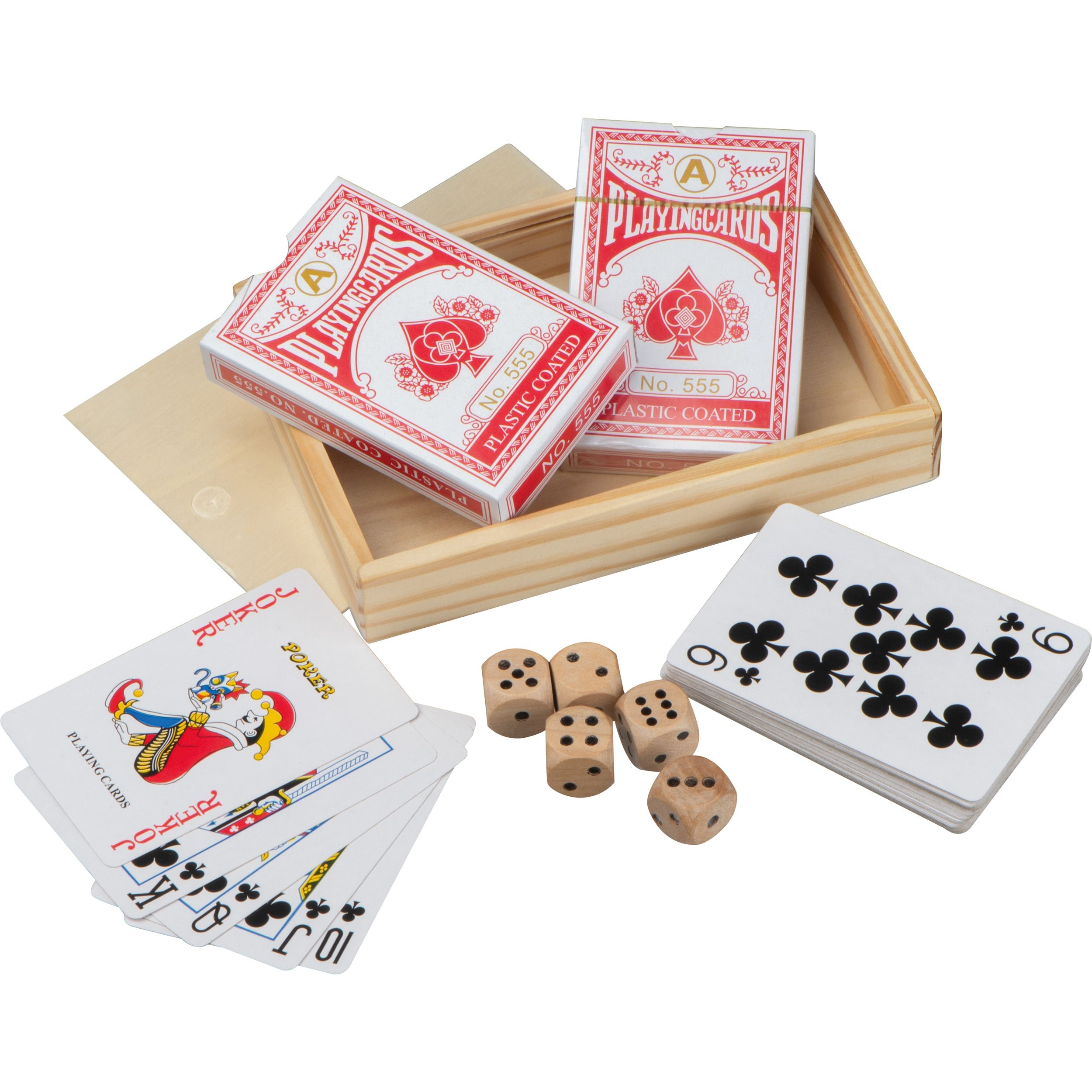 MA54311Spielkarten in Holzbox mit Wuerfel