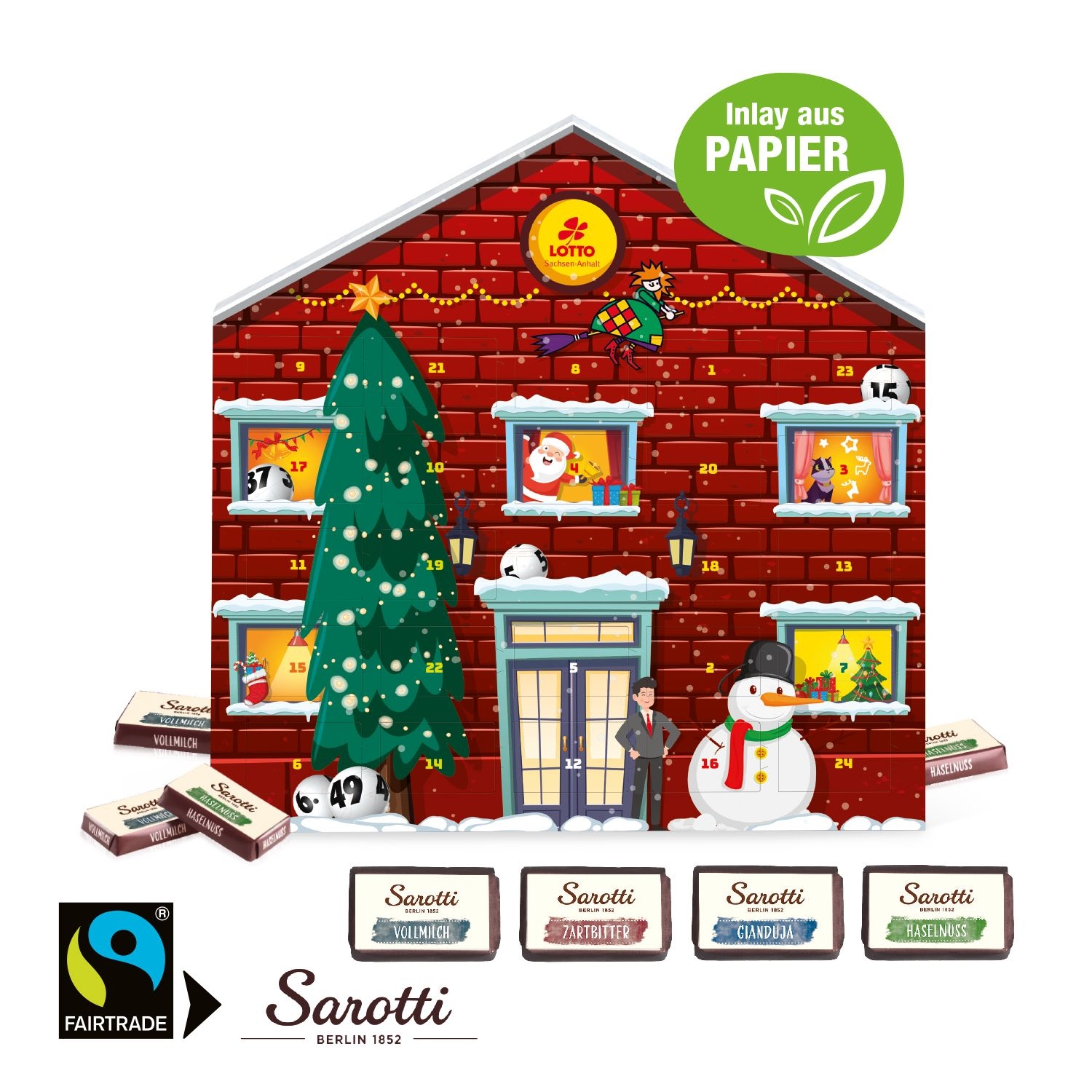 CD55413-02Adventskalender Weihnachtshaus _Exklusiv_ mit Sarotti Fairtrade® Schokolade_ Inlay aus Papier_ Indiv