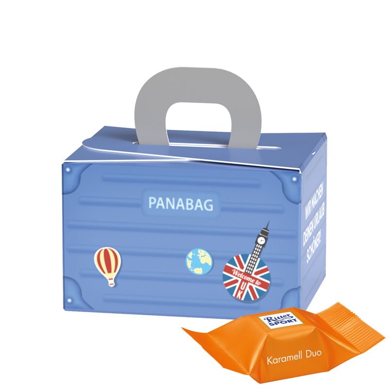 JG10242-2Geschenkbox Mini Koffer_ Ritter Sport Schokowuerfel_ Karamell Dou