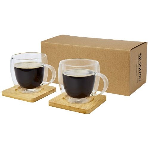 PF113315Manti 2-teiliger 250 ml doppelwandiger Glasbecher mit Bambusuntersetzer