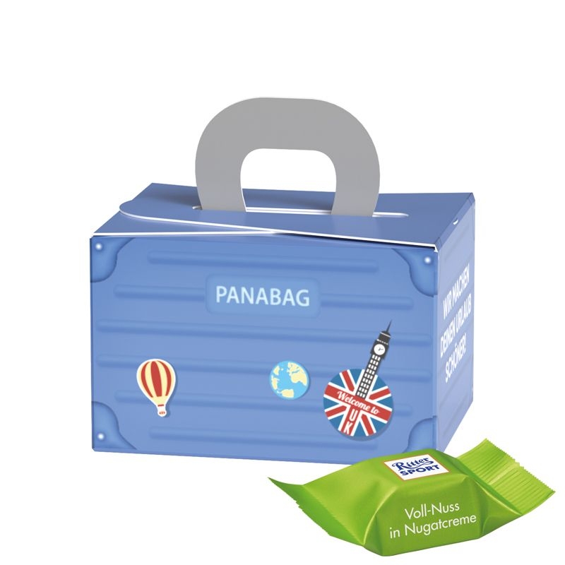 JG10242-3Geschenkbox Mini Koffer_ Ritter Sport Schokowuerfel_ Vollnuss Nougatcreme