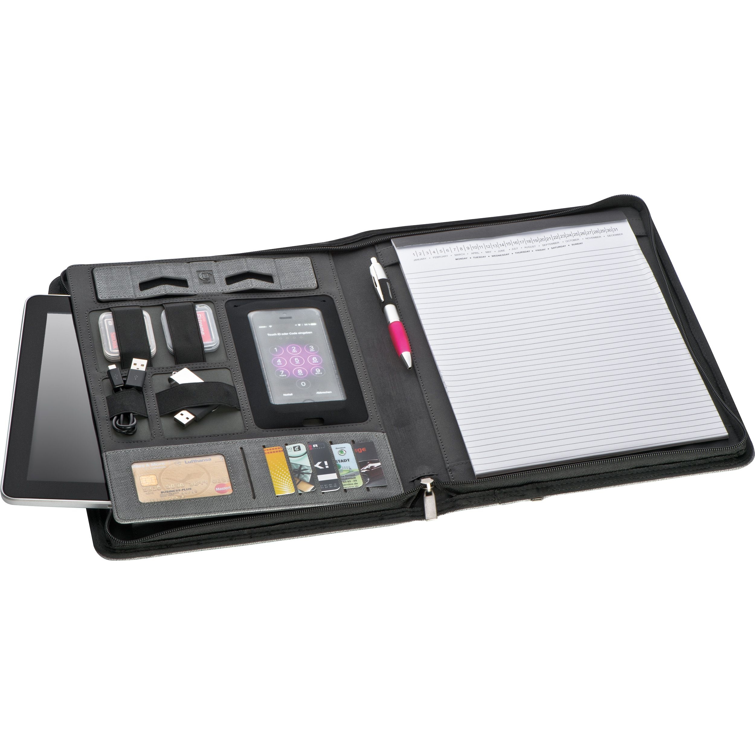 MA20123-07A4 Schreibmappe aus Kunstleder mit integrierter Powerbank_ silbergrau