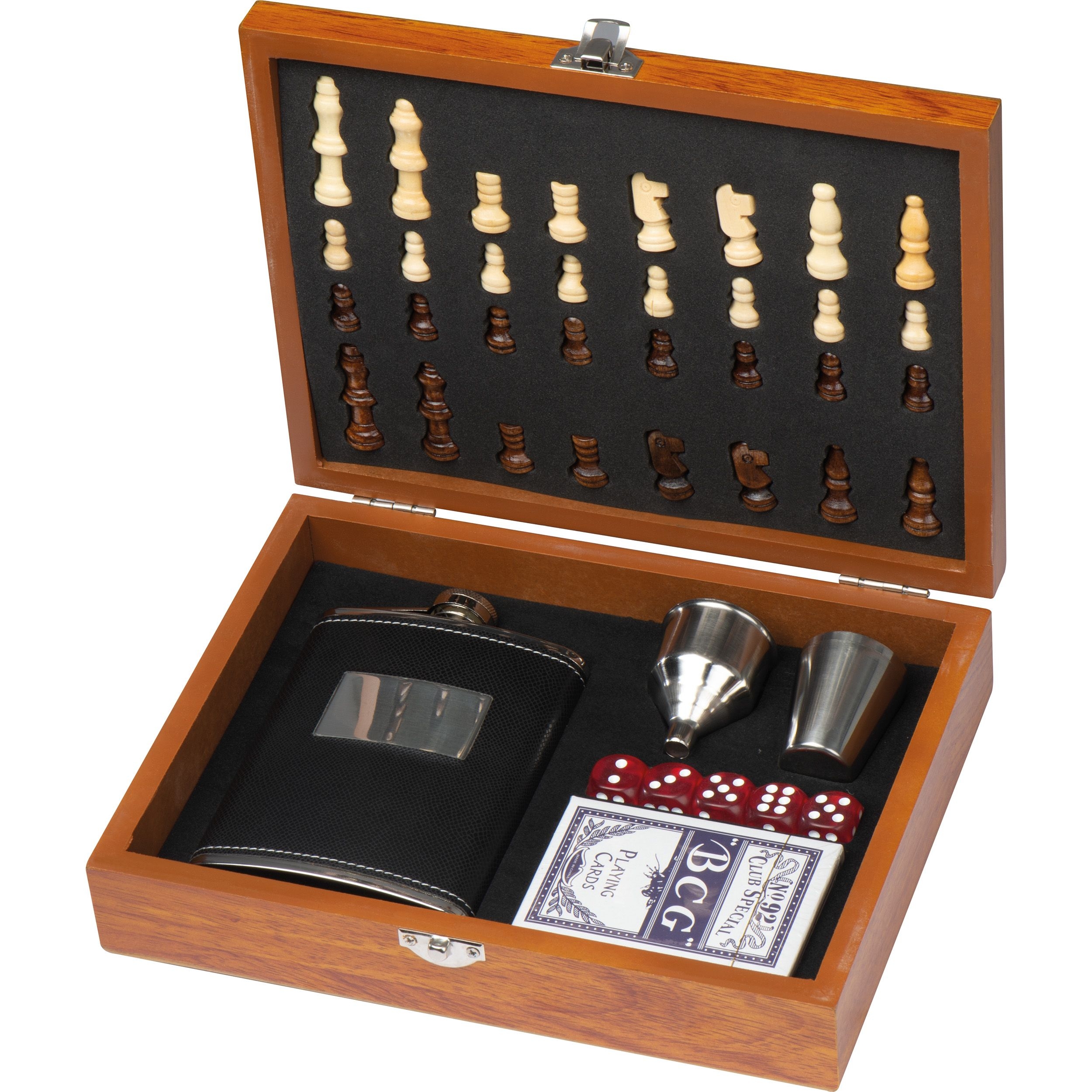 MA60786-01Spieleset mit Flachmann_ Schach- und Kartenspiel_ braun