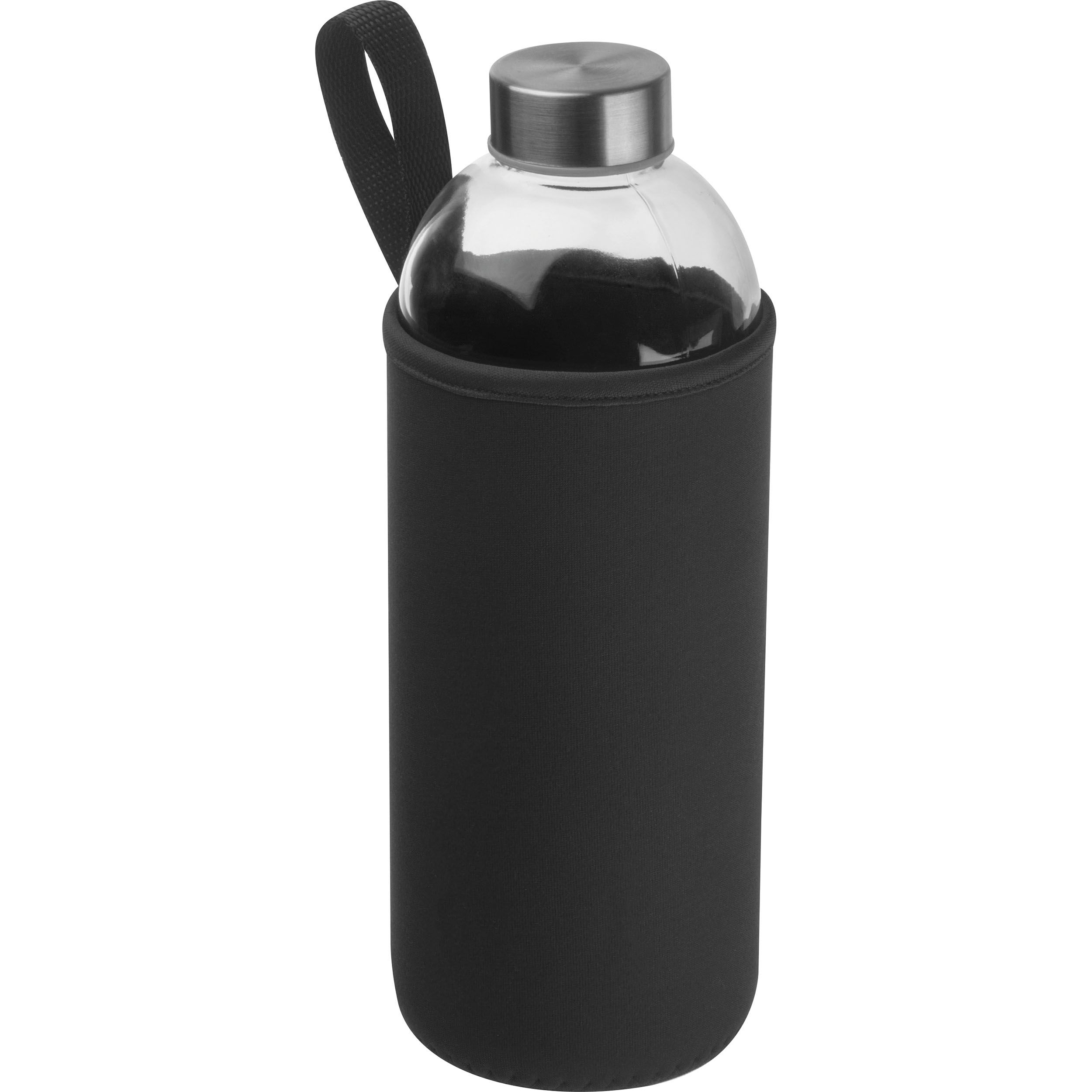 Trinkflasche aus Glas mit Neoprenüberzug, 1.000ml, schwarz