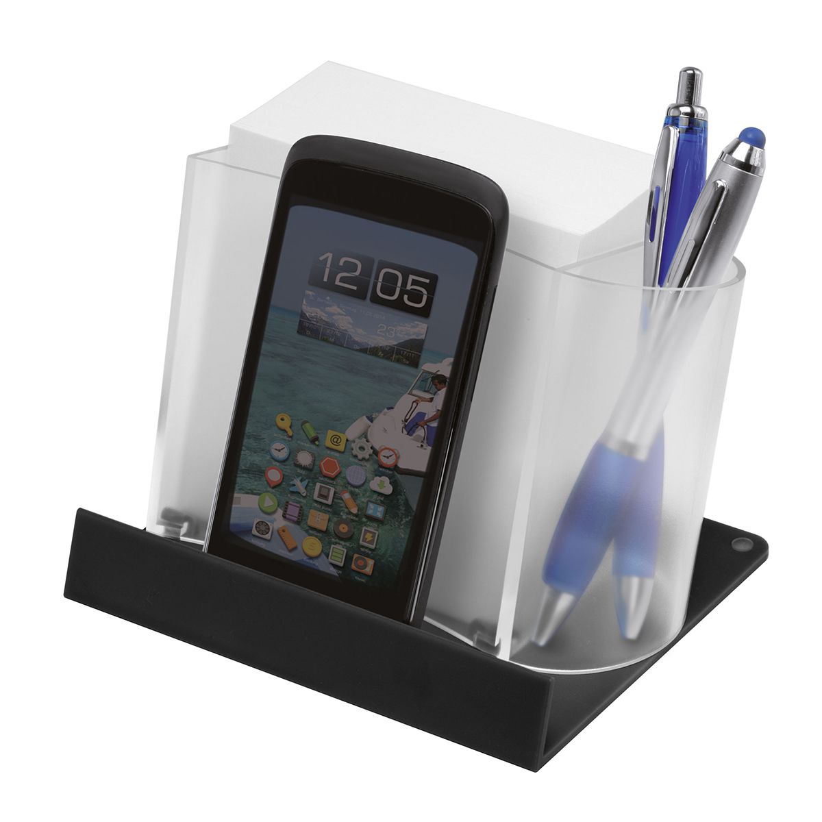 Smartphone-/Tabletständer mit Zettelbox, gefrostet glasklar, schwarz