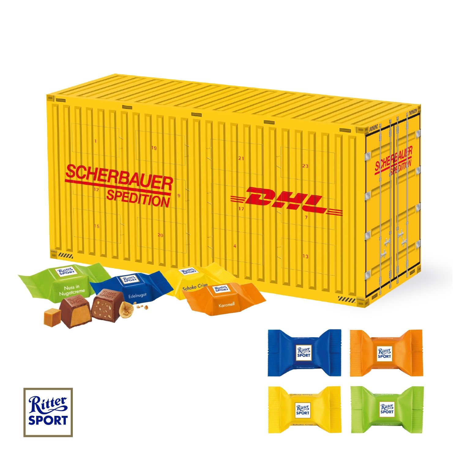 CD95154-013D Adventskalender Container mit Ritter SPORT Schokowuerfel_ Motiv-Vorlage