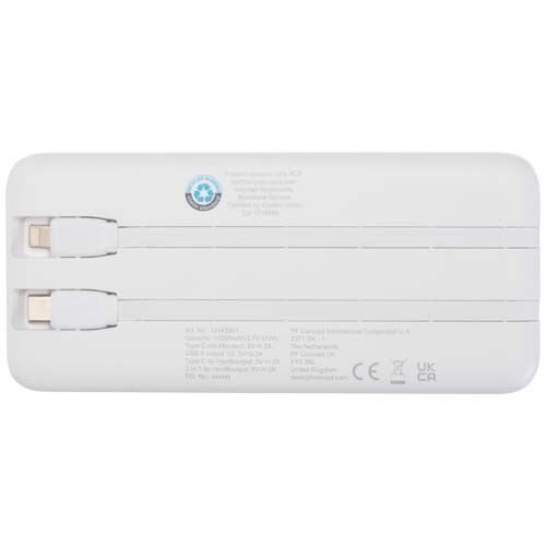 PF124459-1Adhil 10 W 10.000 mAh Powerbank aus recyceltem Kunststoff mit 2 integrierten Kabeln_ weiss