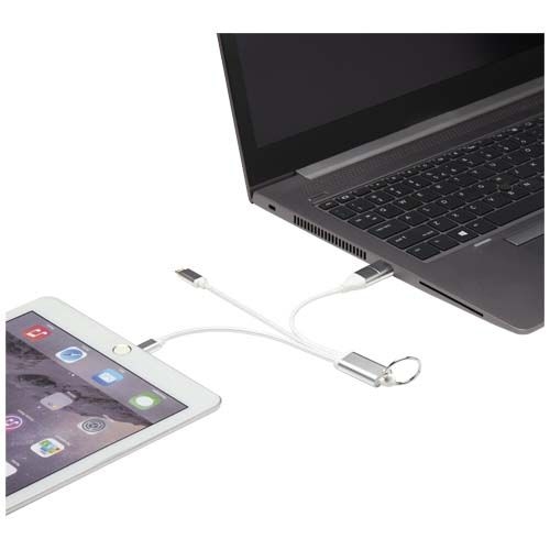 PF124382-3Metal 4-in-1 Ladekabel aus recyceltem Aluminium mit Schluesselanhaenger_ silber