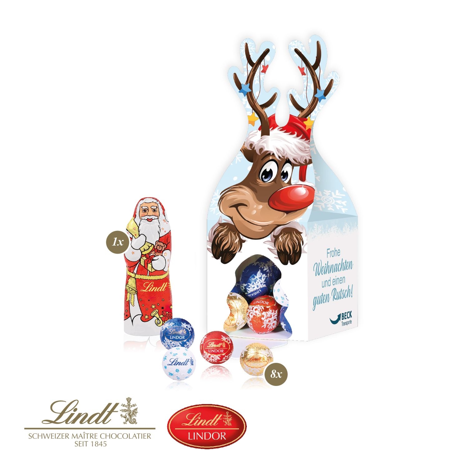 CD95519-013D Praesent _Rentier_ mit Lindt Minis und Nikolaus_ Lindt Schokoladenmischung