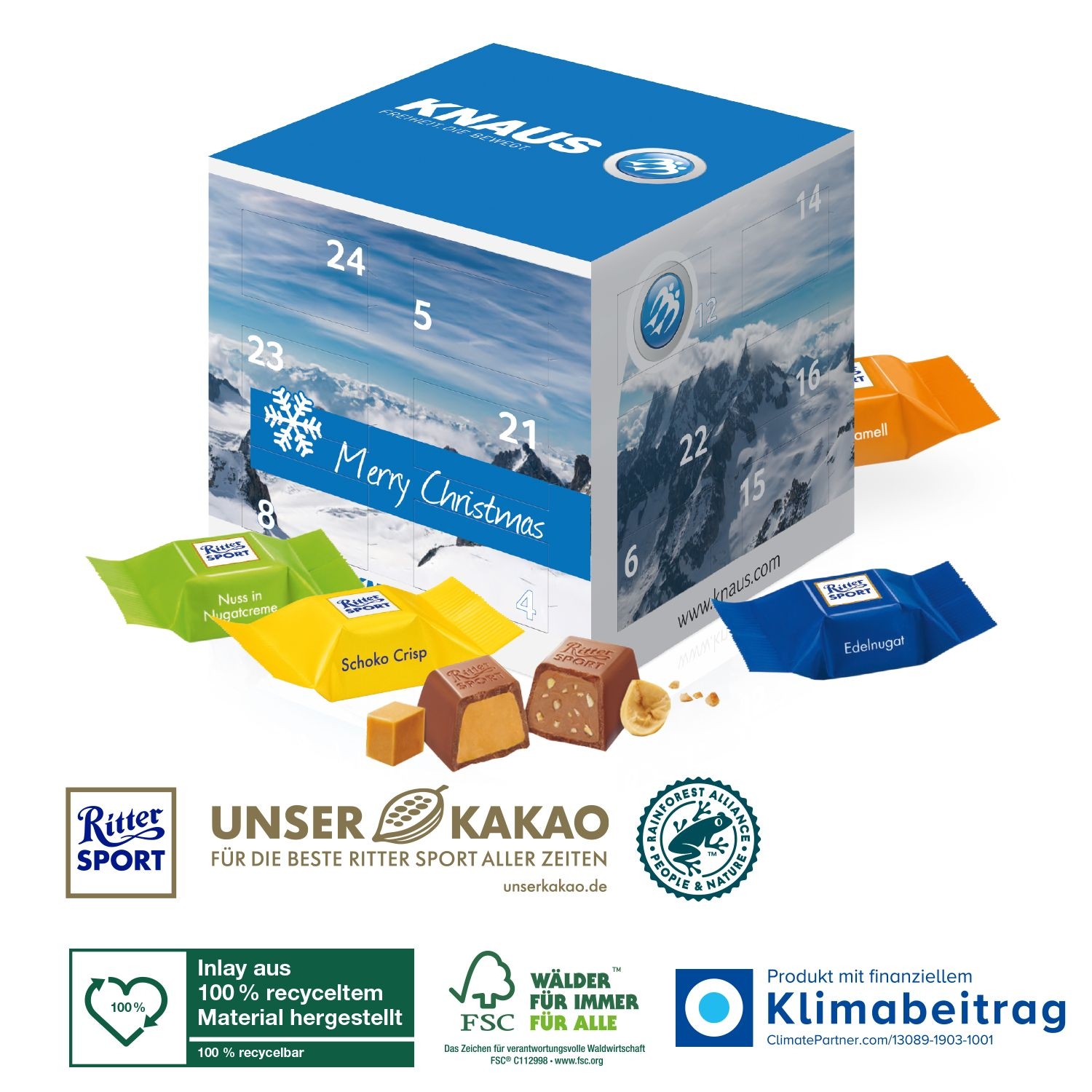 CD95337Adventskalender „Cube“ mit Ritter SPORT Schokowuerfel