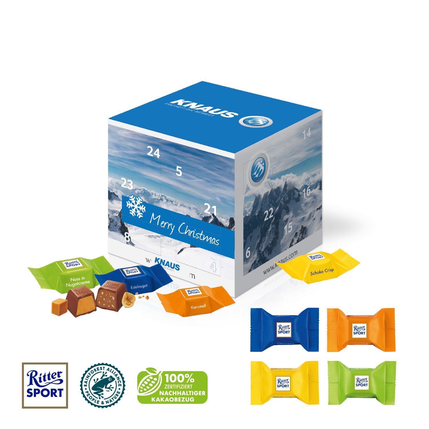 CD95337Adventskalender _Cube_ mit Ritter SPORT Schokowuerfel