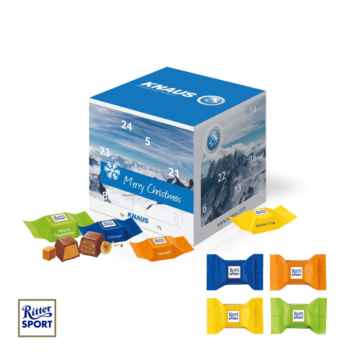 CD95337Adventskalender Cube mit Ritter SPORT Schokowuerfel