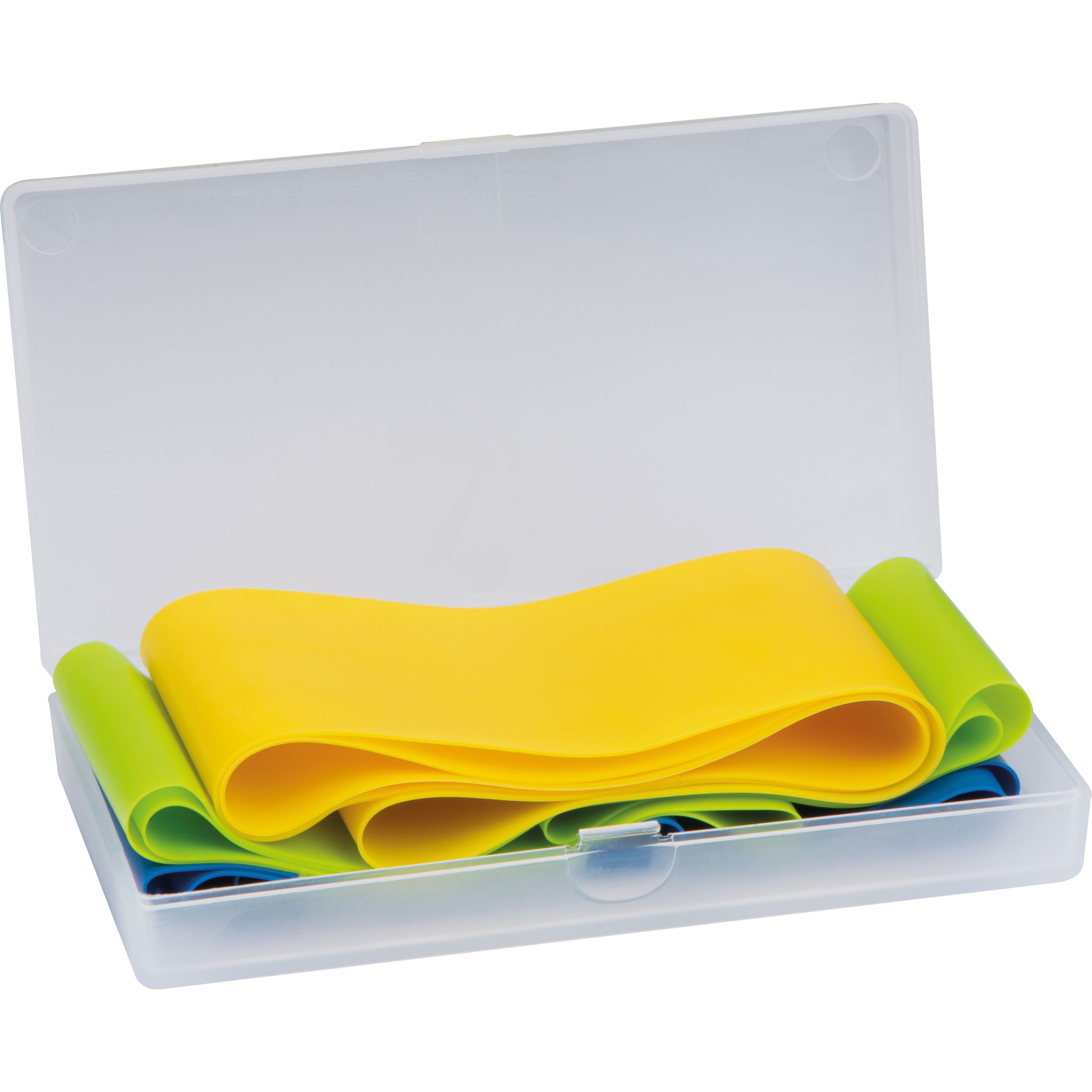 Elastische Fitnessbänder in einer Kunststoffbox, mehrfarbig