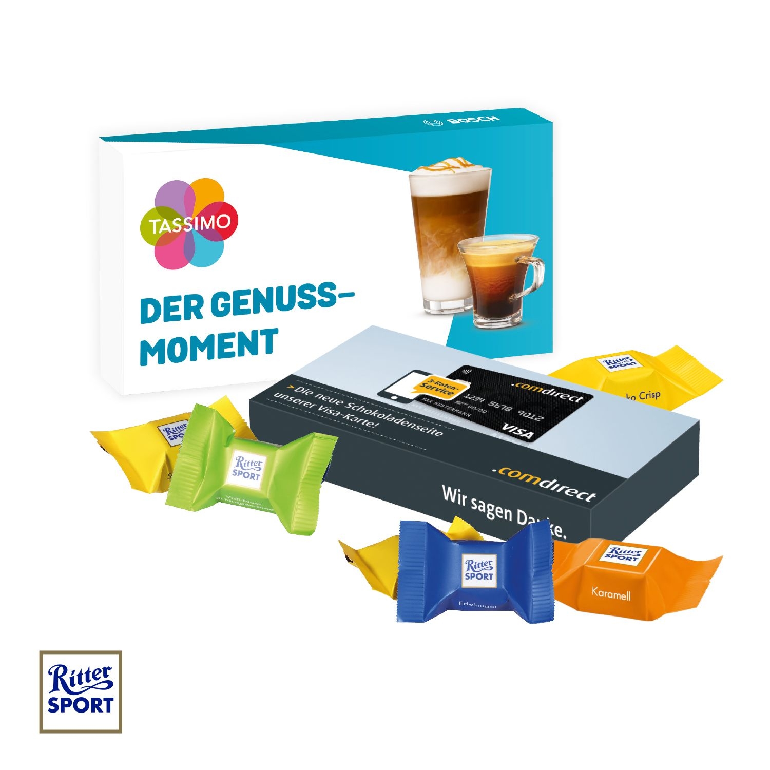 CD91585Ritter SPORT Schokowuerfel in Praesentbox