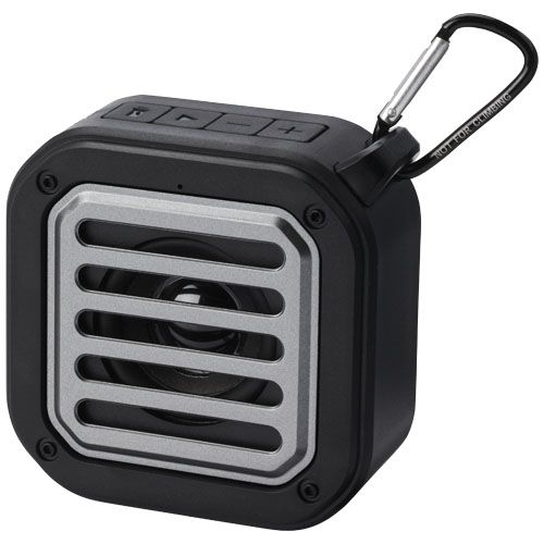 PF124347Solo 3W IPX5 Solar Bluetooth®-Lautsprecher aus recyceltem RCS Kunststoff mit Karabinerhaken