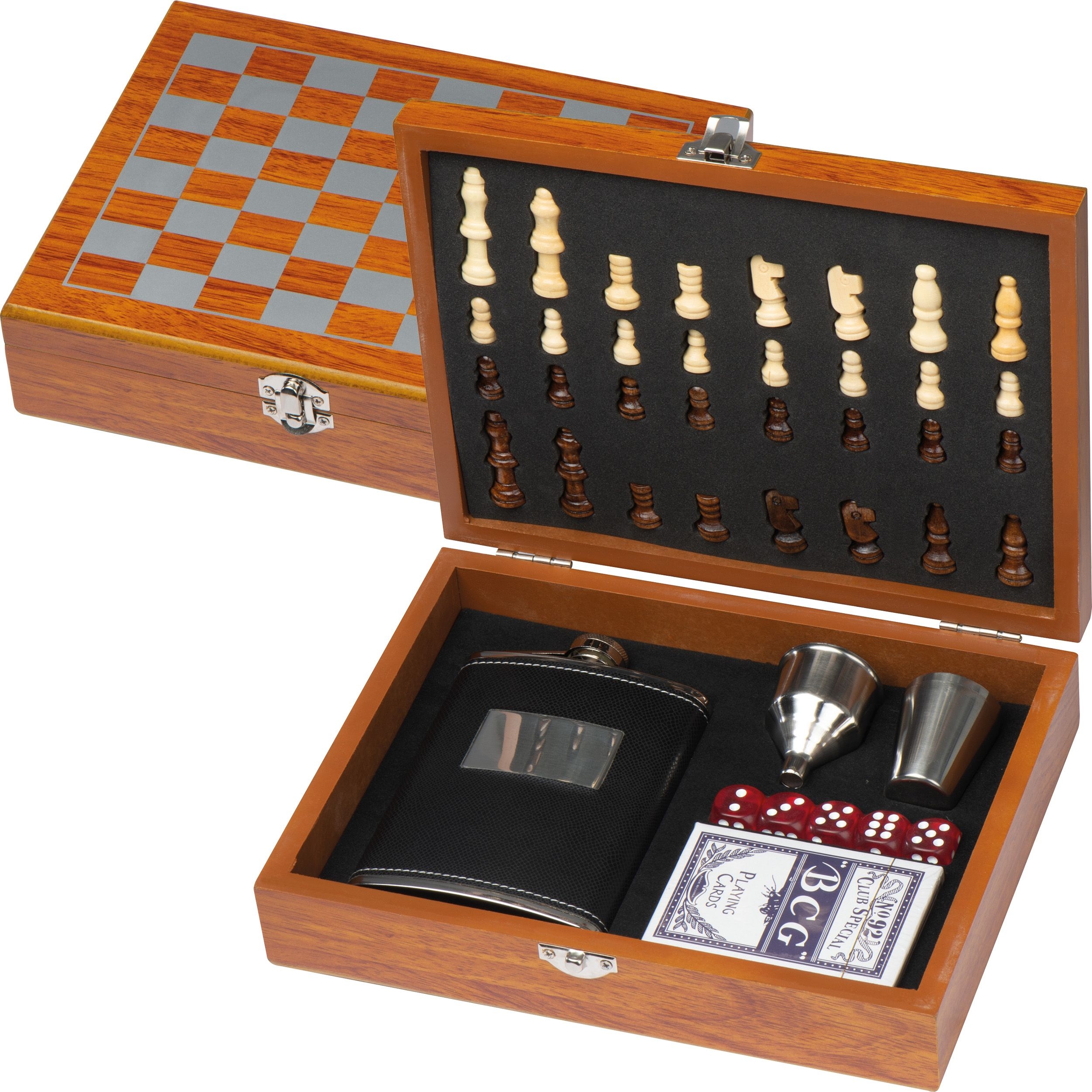 MA60786-01Spieleset mit Flachmann_ Schach- und Kartenspiel_ braun