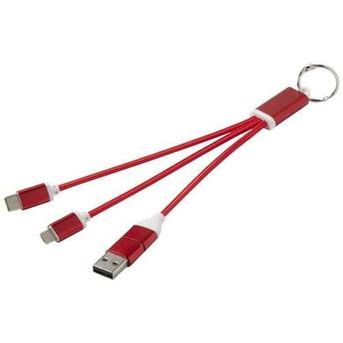 PF124382-1Metal 4-in-1 Ladekabel aus recyceltem Aluminium mit Schluesselanhaenger_ rot