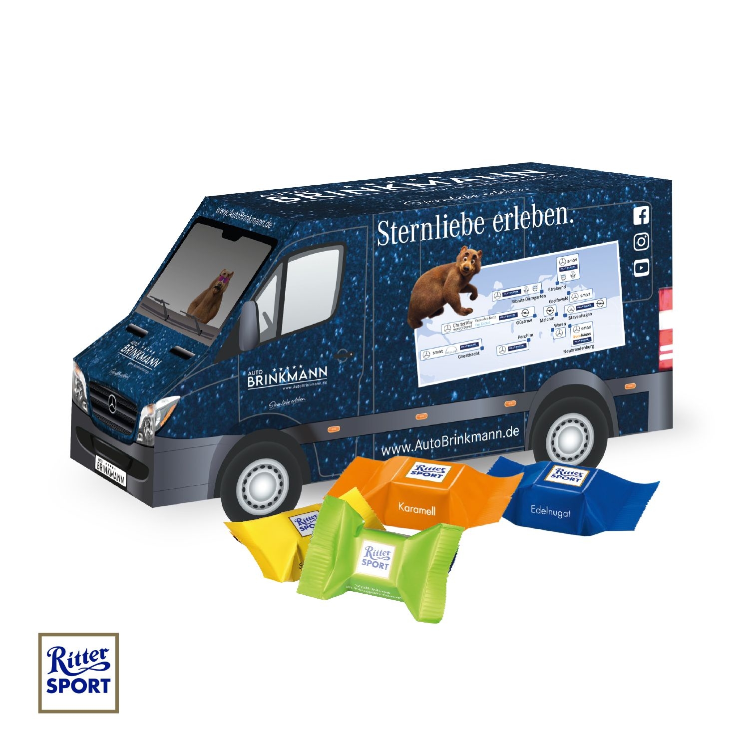 CD917073D Praesent Transporter mit Ritter SPORT Schokowuerfel