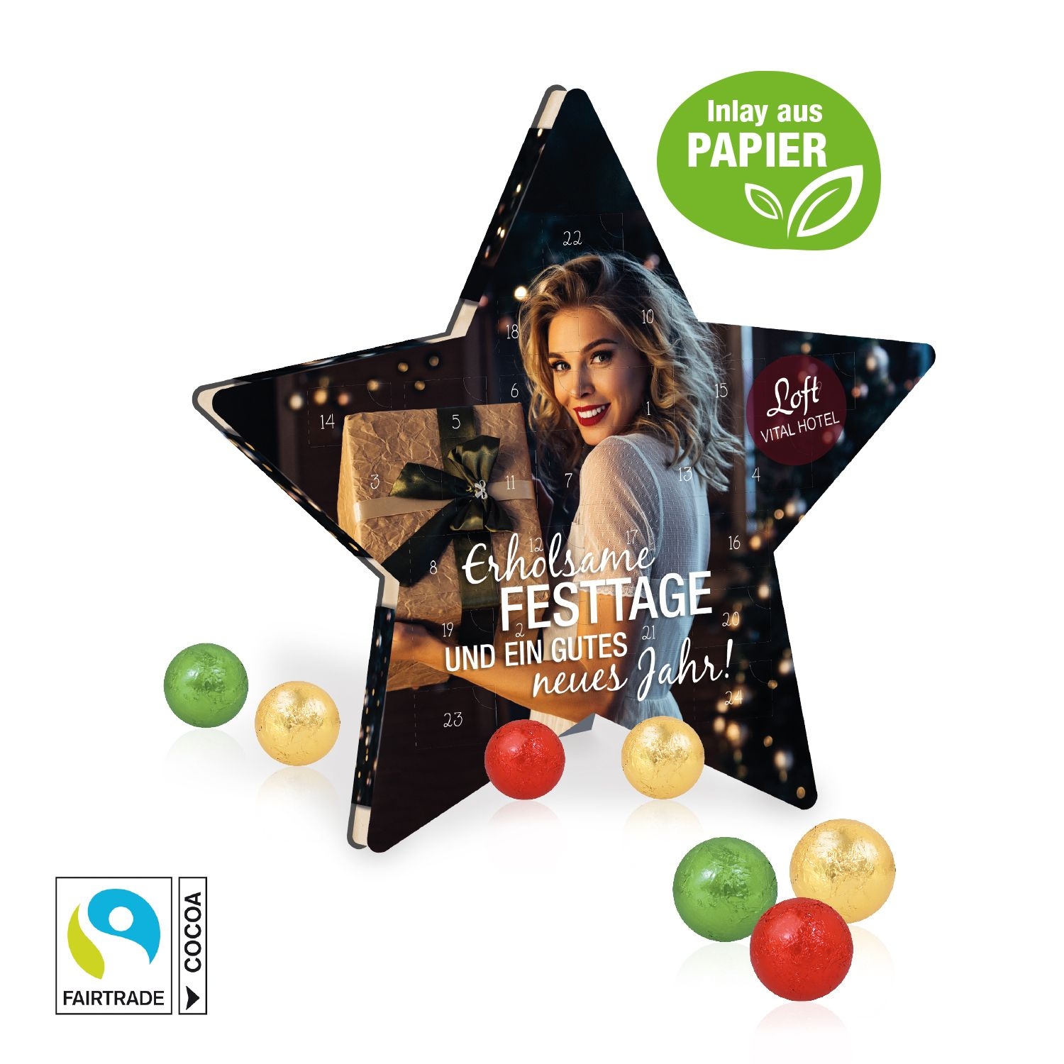 CD55432-02Adventskalender _Stern_ mit Fairtrade® Schokolade_ Inlay aus Papier_ Individuelles Motiv