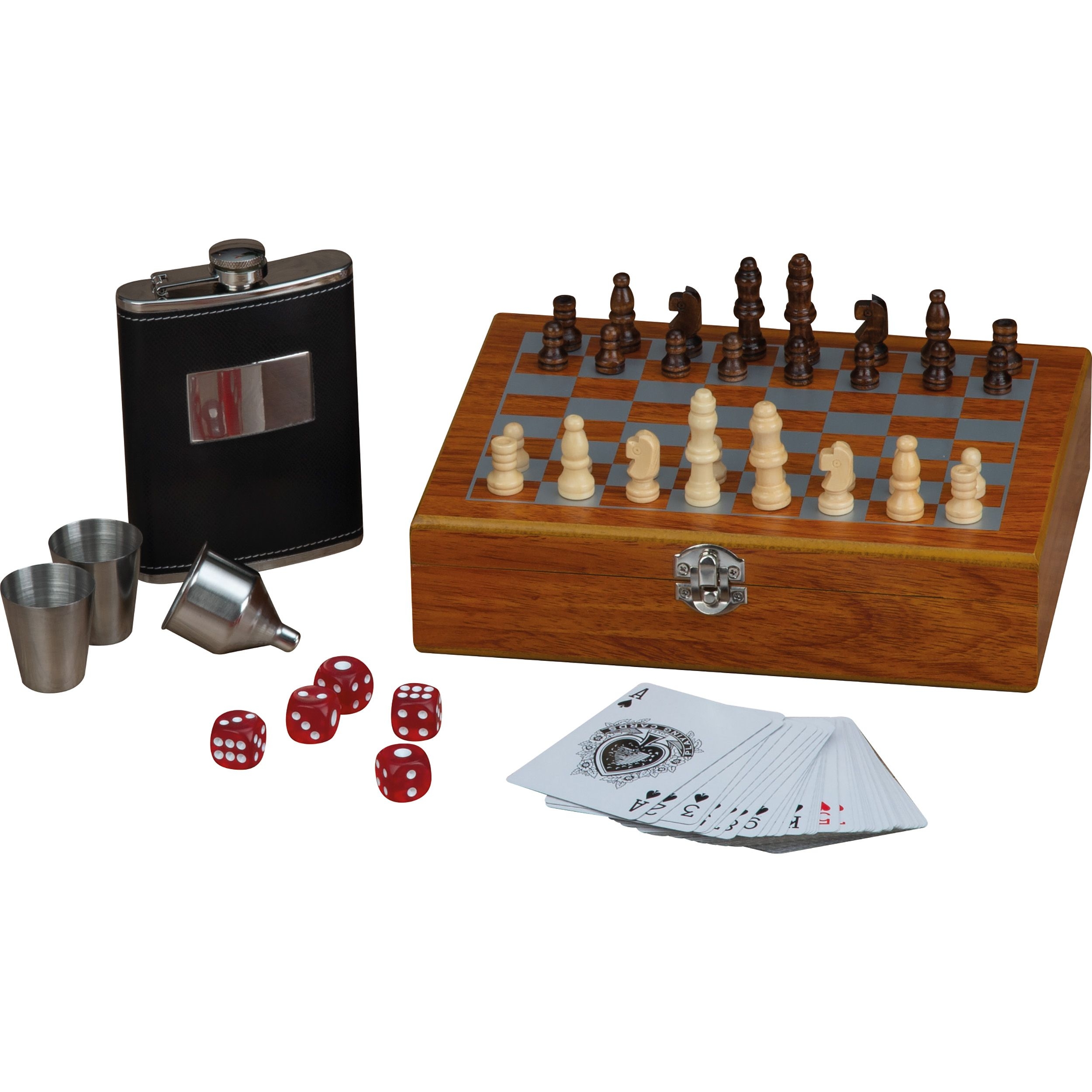 MA60786-01Spieleset mit Flachmann_ Schach- und Kartenspiel_ braun