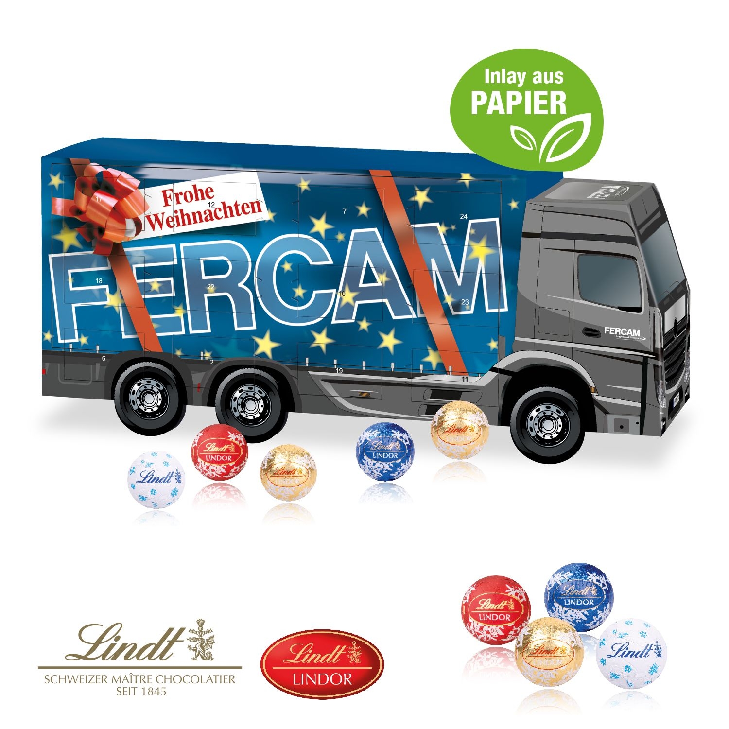 CD553533D Adventskalender LKW mit Lindt Schokolade mit Papier-Inlay
